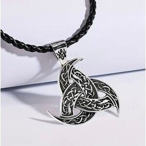 Vintage Norse Viking Celtic Knot Pendant Necklace, Black Faux Leather Cord